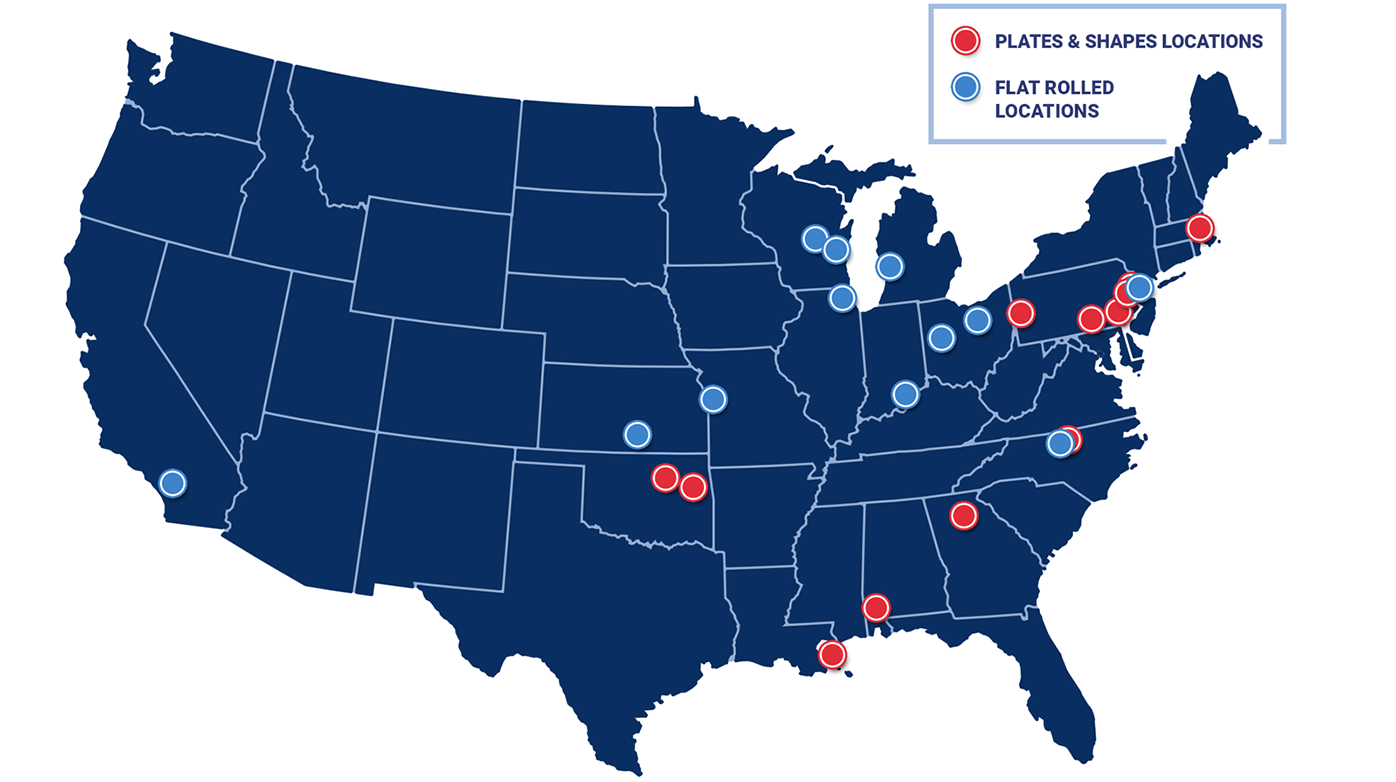 Map of the United States showing Metals USA Plates & Shapes locations marked with red circles and Flat Rolled locations marked with blue circles across the Midwest and Eastern regions.
